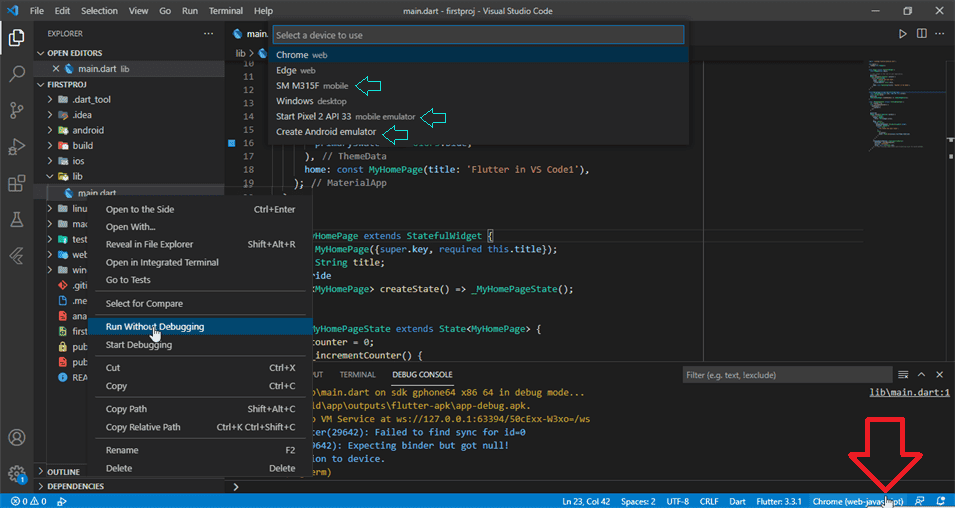 Run app on emulator or real device or on a browser