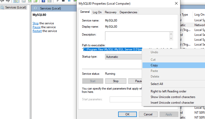 copy mysql installation path from service window