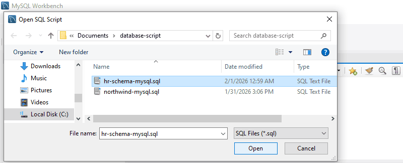 Select sql script to open in workbench