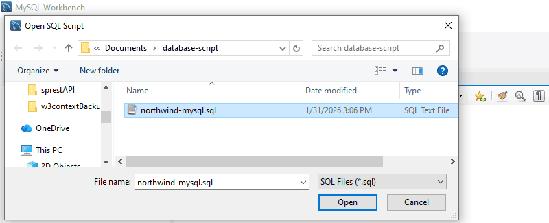 Select sql script to open in workbench